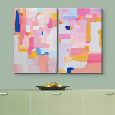 Colorful Brushstrokes Bright Pink Abstract Shapes Preppy Decor Wall Art Framed Canvas 2 Piece Print