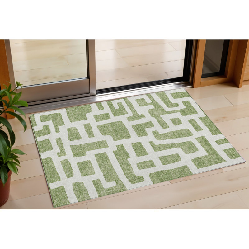 3' X 5' Green And Ivory Abstract Washable Indoor Outdoor Area Rug