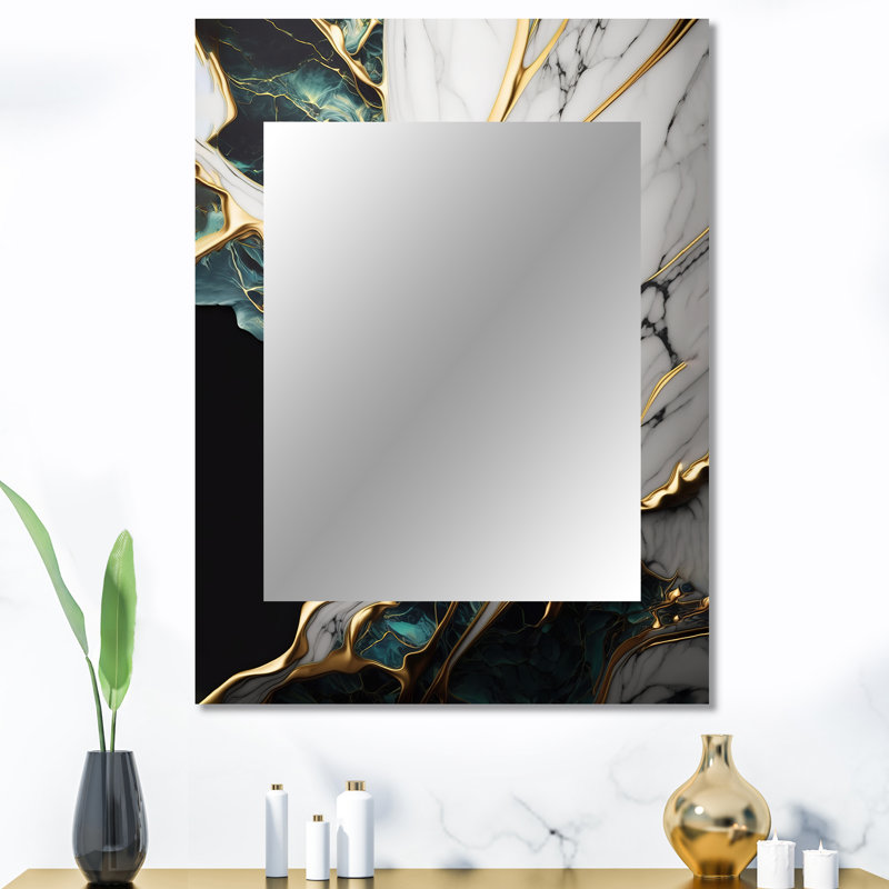 Abstrait Geode Gold and Green Marble III - Miroir mural décoratif en marbre, miroir vert, impression sur métal, 40 po x 30 po