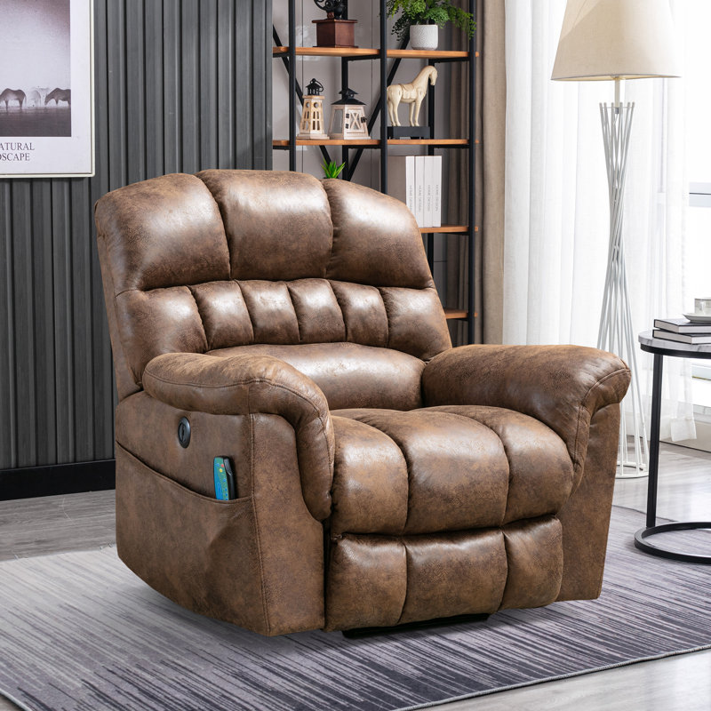 Très grand fauteuil inclinable électrique en cuir 42 po avec chauffage et massage, Similicuir brun foncé