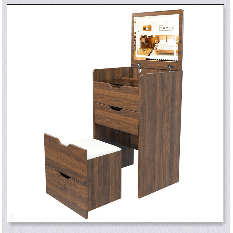 Bureau de coiffeuse 3 en 1 avec miroir éclairé et tabouret, table de maquillage à plateau rabattable, rangement compact pour les petits espaces