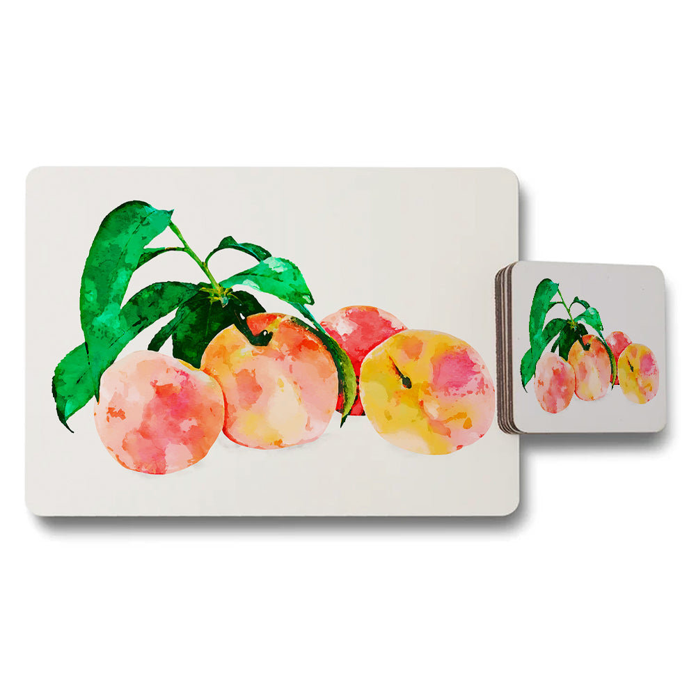 Watercolor Peach Placemats and Coaster Set with Fruit Artwork