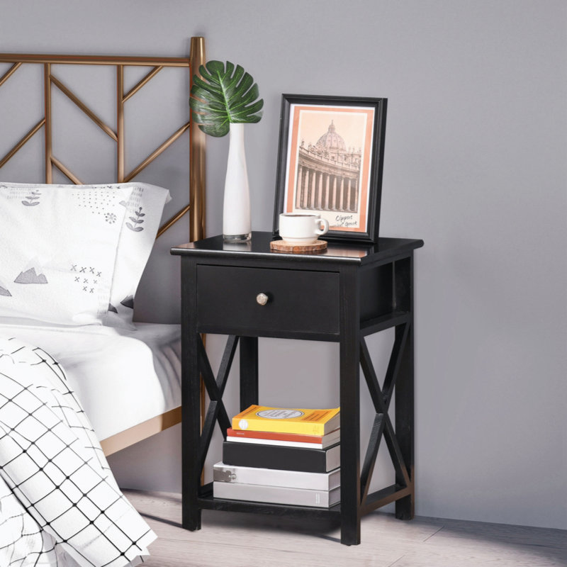 Marhill End Table Nightstand with Storage Drawer, Open Shelf, Black