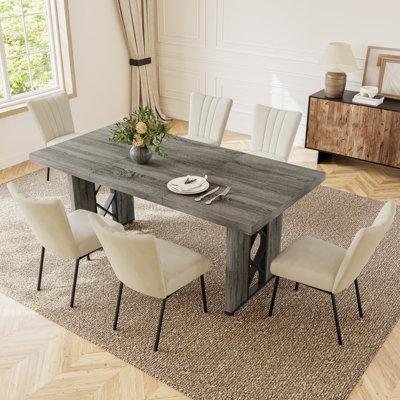 Rectangular Dining Table Set of 6, 180 cm Grey Oak Finish Top with 6 Corduroy Dining Chairs, Modern MDF Minimalist Kitchen Table for Dining Rooms, Kitchens