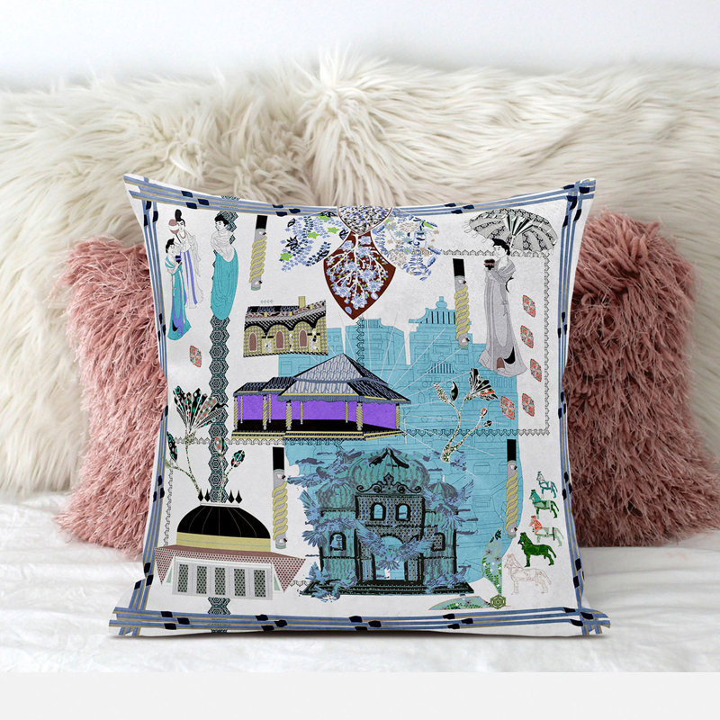 Housse et insert de coussin carré en polyester intérieur / extérieur, 18 po x 18 po, Blanc / bleu