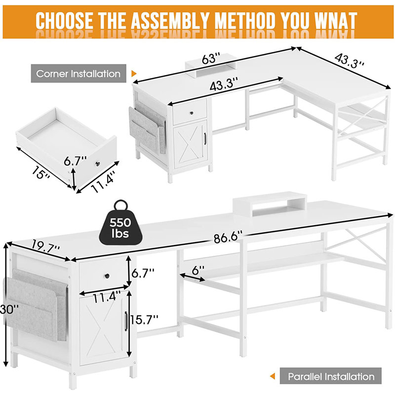Josphua L-Shaped Steel Computer Desk with Built-In Electrical Outlet, White/White