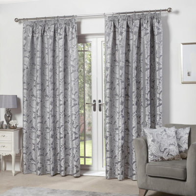 2 Panels Pencil Pleat Curtains Lined Woven Damask Tape Top Curtains (Silver, 137 x 168 cm)