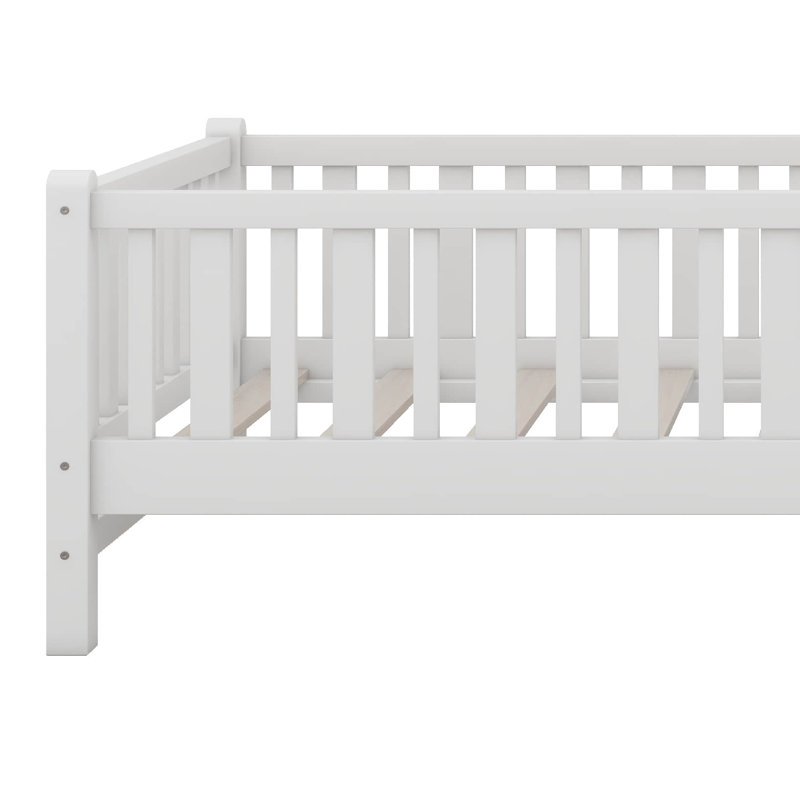 Lit simple, lit en bois massif moderne avec échelle et barrière de sécurité, White