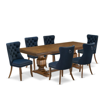 L'ensemble de salle à manger 7 pièces contient une table de cuisine rectangulaire et 6 chaises modernes en tissu de polyester bleu marine, noyer antique