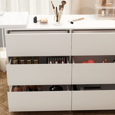 130-180cm Extending Dresser with 6 Drawers & Rotating Vanity Desk - Modern White Storage Cabinet 