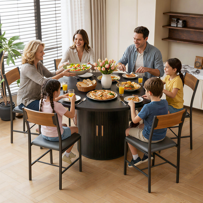 Ensemble de salle à manger 6 personnes 47 "avec chaises et tablette de rangement pour 6 personnes, Black