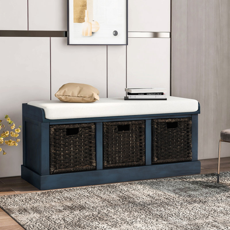 Banc de rangement avec 3 paniers en rotin classiques amovibles, banc d'entrée avec coussin amovible