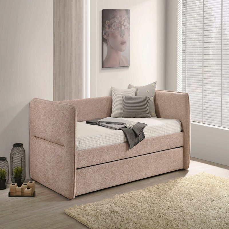 1pc Modern Daybed Pull Out Trundle Button Tufted Nailhead Trim Bedroom Living Room Furniture Mauve Finish, Mauve