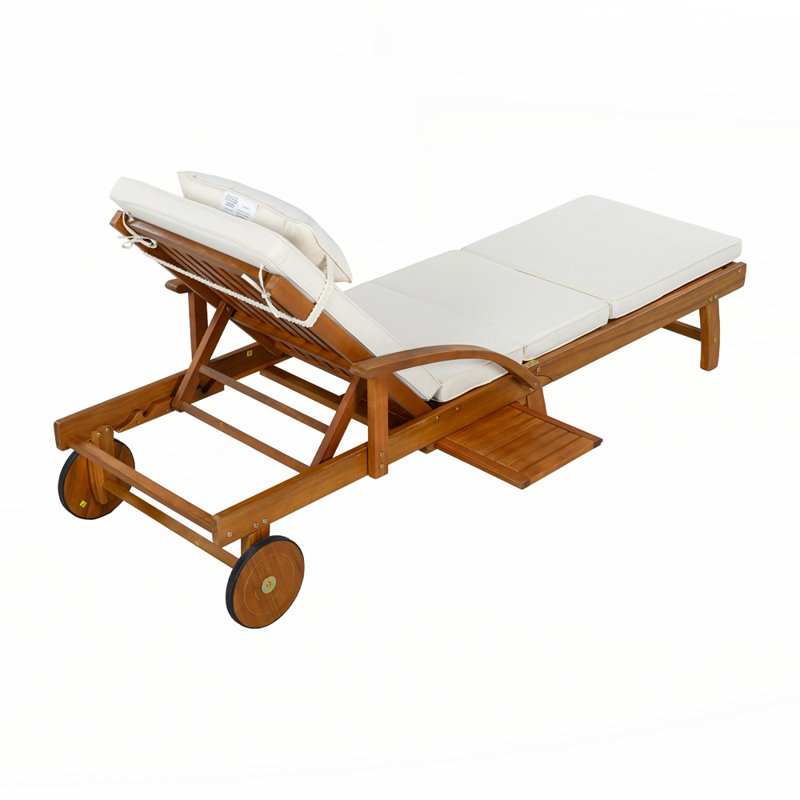 Adjustable Outdoor Lounge Chair Acacia Wood Frame with Cushions, Beige, 2