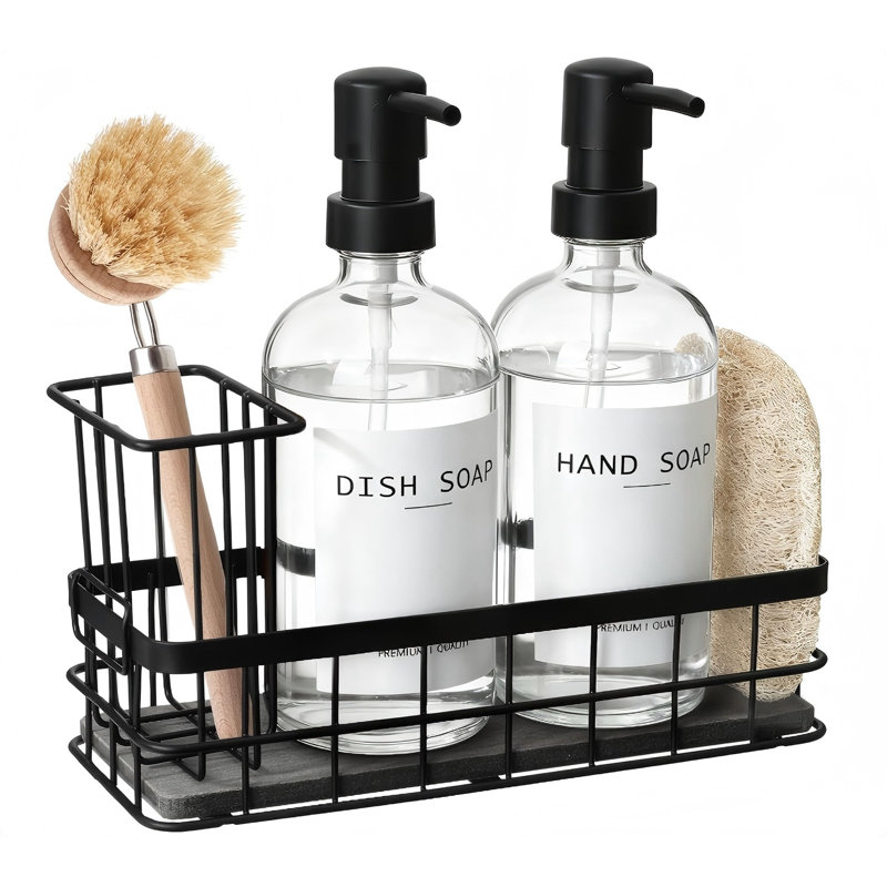 Distributeurs de savon à main et à vaisselle, ensemble de distributeur de savon de cuisine avec porte-éponge, porte-brosse et éponge Luffah, accessoires pour organisateur d'évier de comptoir
