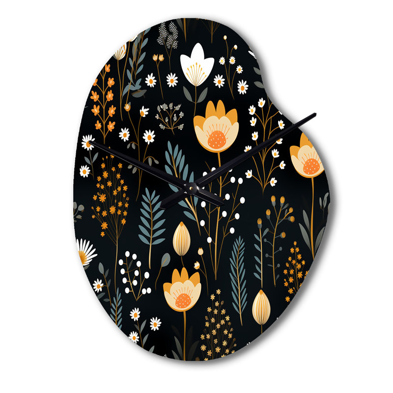 Charme de jardin rustique noir et jaune - horloge murale en métal de forme unique florale, impression d'horloge murale asymétrique Cottage