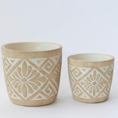 Set Of 2 Vintage Look With Floral And Diamond Pattern Planters