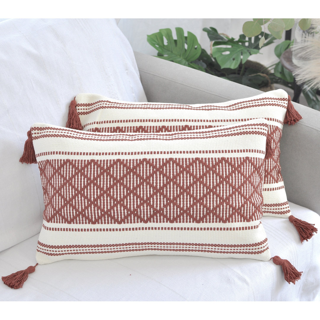  Boho Lumbar Pillow Covers With Tassels, Outdoor/ Indoor Cotton Woven Rectangular Pillowcases (Set of 2) Oveesha 