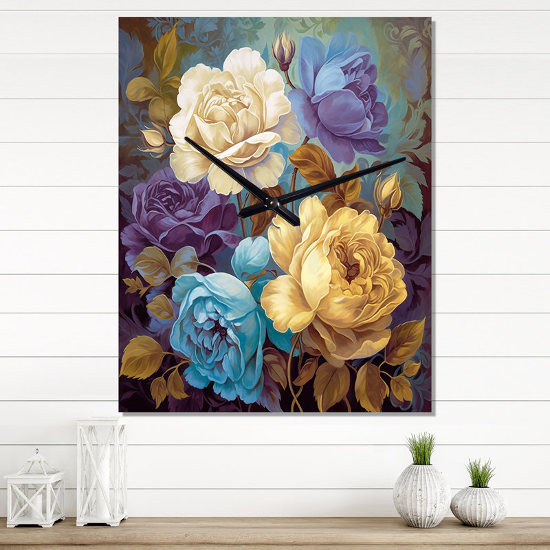 Retro Roses Blooming I - Rose Modern Wall Clock, Medium