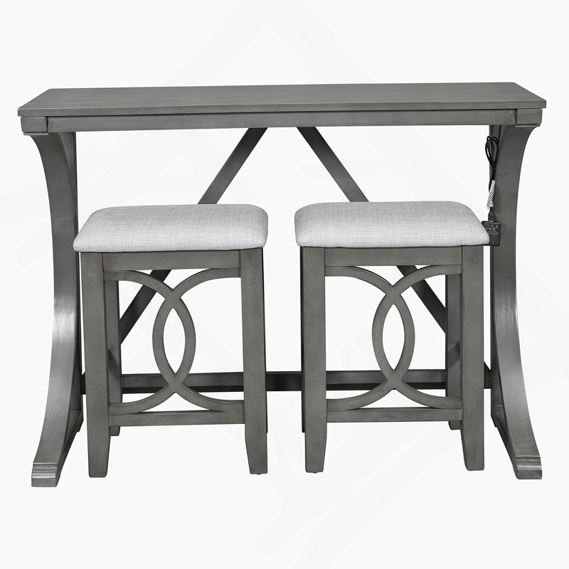 Ensemble de table de salle à manger 3 pièces à hauteur de comptoir avec port USB et tabourets rembourrés, Gris, Gris