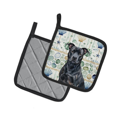 Black American Staffordshire Terrier Coastal Sea Glass Pair of Pot Holders