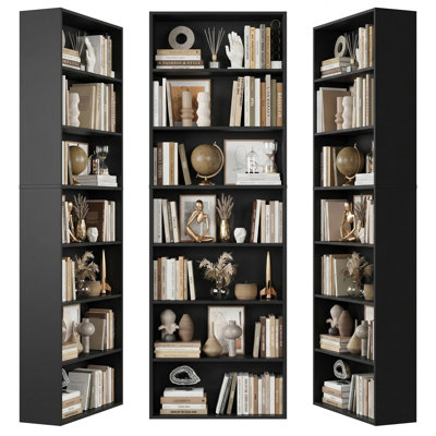 3-Pieces 82.5"H Wood Double 7-Tier Standard Bookcases, Home Library Bookcase Set