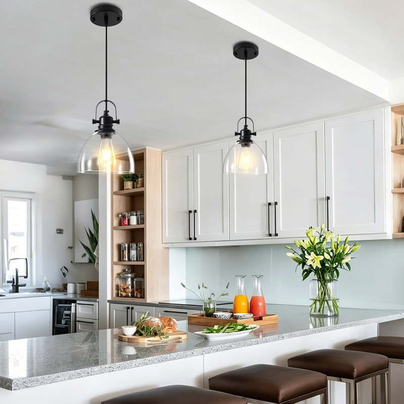 Luminaire suspendu cylindrique moderne à 2 lumières à intensité variable avec abat-jour en verre, Transparent, Noir