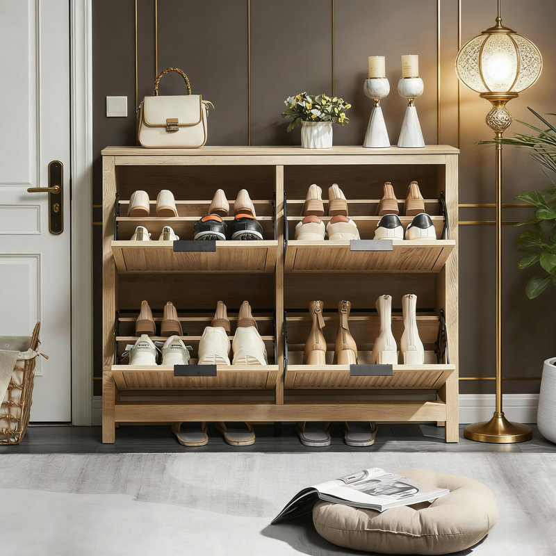 Narrow 4-Drawer Flip-Top Shoe Cabinet For Entryway, Oak