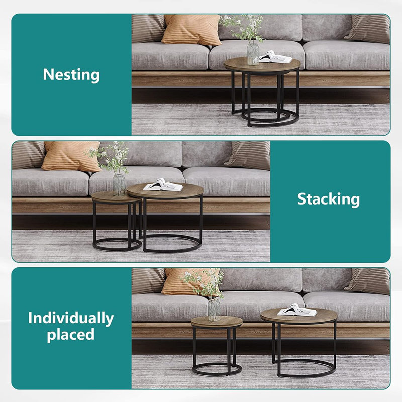 Maxaya A Set Of Two Nesting Coffee Tables Measuring 23.6" In Diameter And Featuring A Wood Grain Top, Adjustable Non-slip Feet, And An Industrial Style, Perfect For Living Rooms, Bedrooms, Balconies, And Yards.