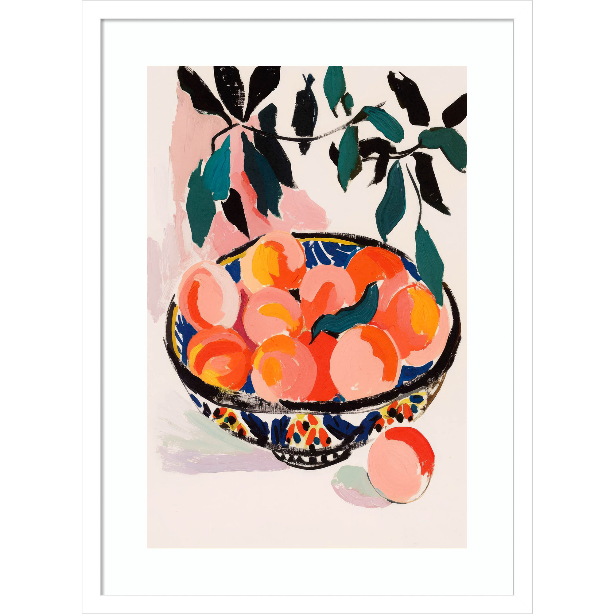 Fresh Peach Fruit Bowl by Treechild Wood Framed Wall Art Print, 25" H x 19" W, White Framed