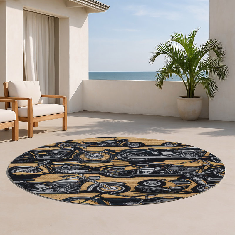 Transportation Black Indoor and Outdoor Area Rug, Round 5'