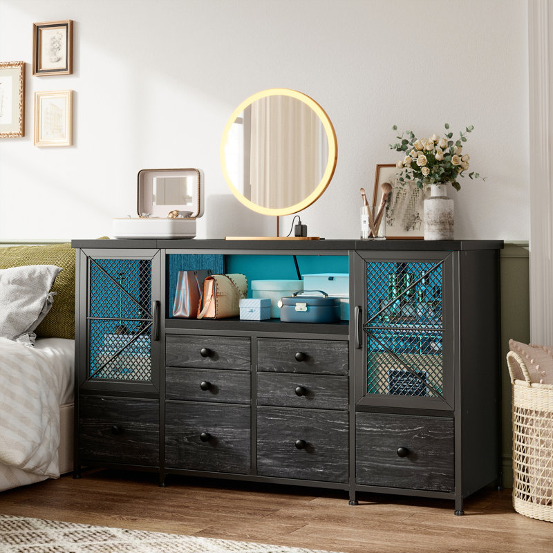 Modern 8-drawer Dresser Tv Stand With Metal Mesh Doors & Built-in Outlets - Bedroom Storage, Black