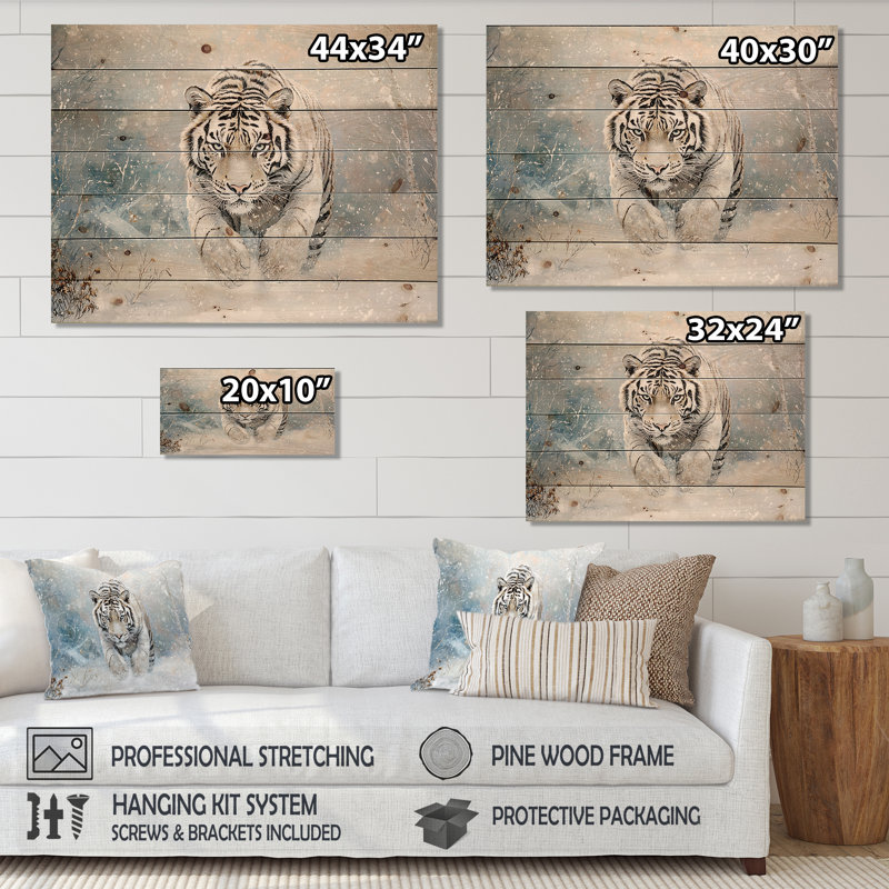 Tigre du Bengale blanc en hiver I - Décoration murale moderne en bois sur bois de pin naturel, H 10 po x l 20 po