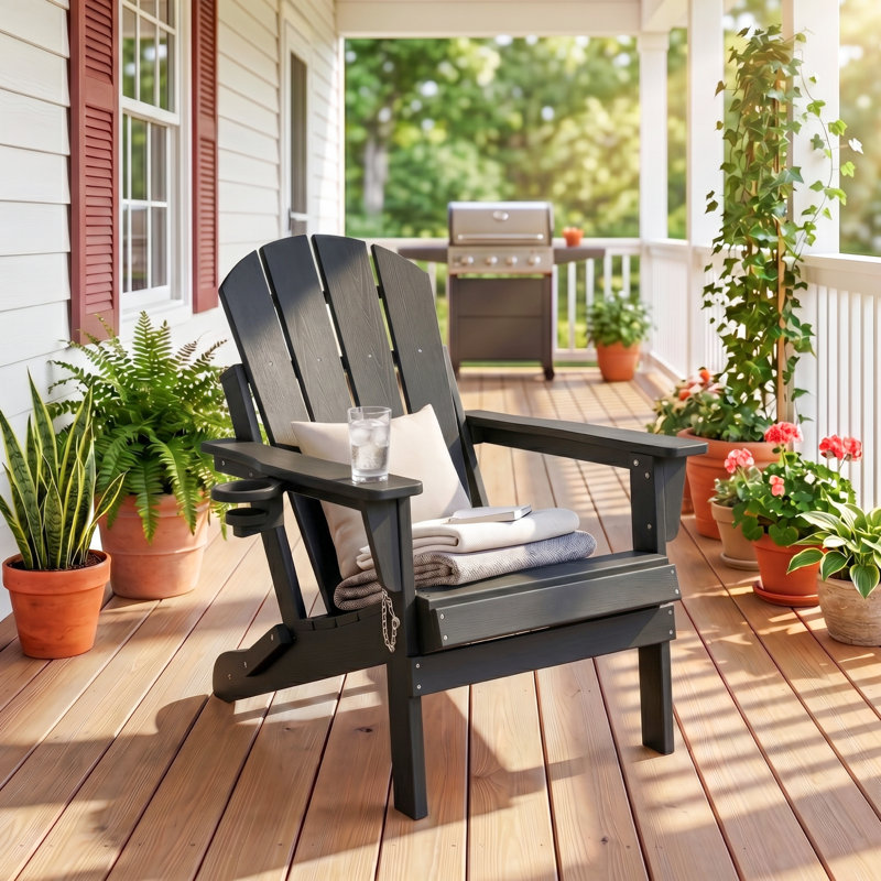 Chaise Adirondack pliante en PEHD avec deux porte-gobelets, noir, Black