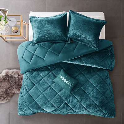 Ensemble d'édredon en velours bleu sarcelle pour lit double / grand lit - 1 édredon, 2 taies décoratives, coussin, lavable à la machine pour le lit, avec diamants, coussin inclus