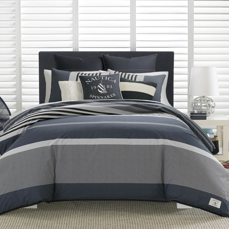 Ensemble de housse de couette en coton gris Nautica Rendon, Housse de couette simple + 1 taie décorative stan