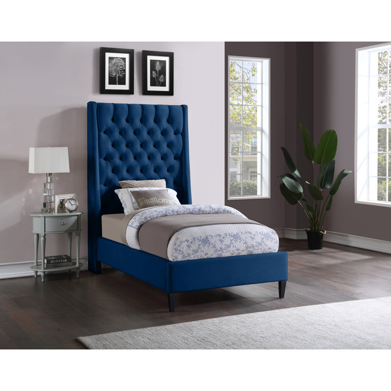 Dymph Upholstered Wingback Bed, Navy Velvet, Twin
