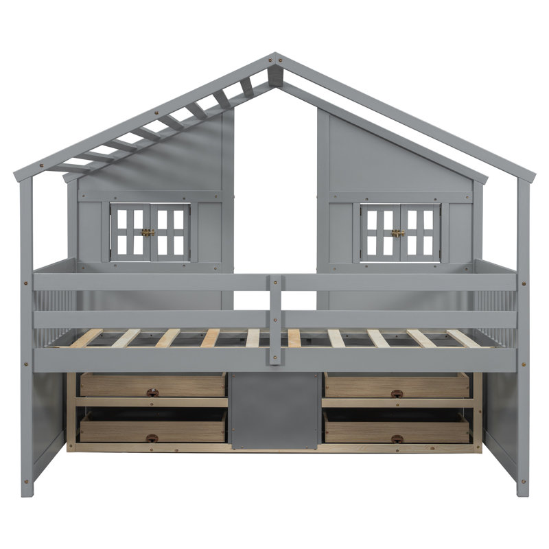Lit mezzanine double en pin avec fenêtres, 4 tiroirs de rangement, garde-corps et coffre-fort en bois, Gris