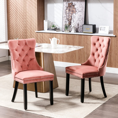 Chaise de salle à manger contemporaine avec revêtement en velours rose et chevilles réglables, 2 sièges modernes, 2 rembourrés, pieds en bois massif