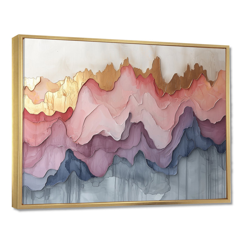 «Abstract Gold and Pink Ink River», art mural abstrait à l'encre liquide, H 30 po x l 40 po, Cadre flottant, Doré