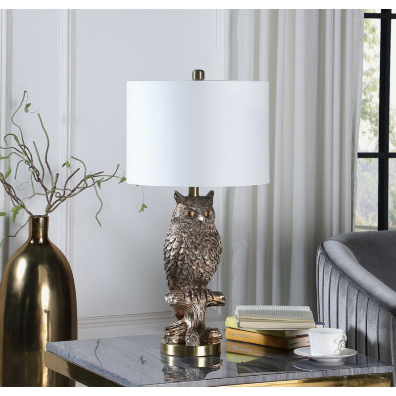 27.5" Silver Owl On A Branch Resin Table Lamp