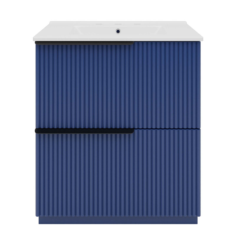 Meuble-lavabo autoportant de 30 po avec lavabo en céramique et tiroirs à extension complète, Bleu