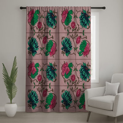 Rideaux de fenêtre à motif de carreaux roses, voilages et voilages à motif floral - 1 panneau