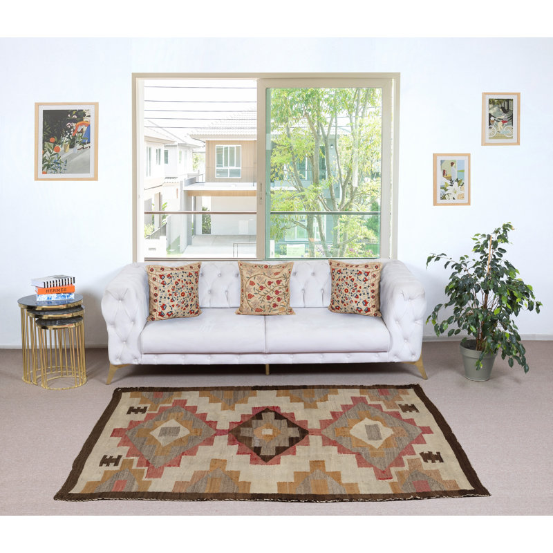 Tapis de style Mid-Century 5 x 7 pi Navajo, style cristal, laine tissée à la main, tons naturels et terreux, vers 1940-1955