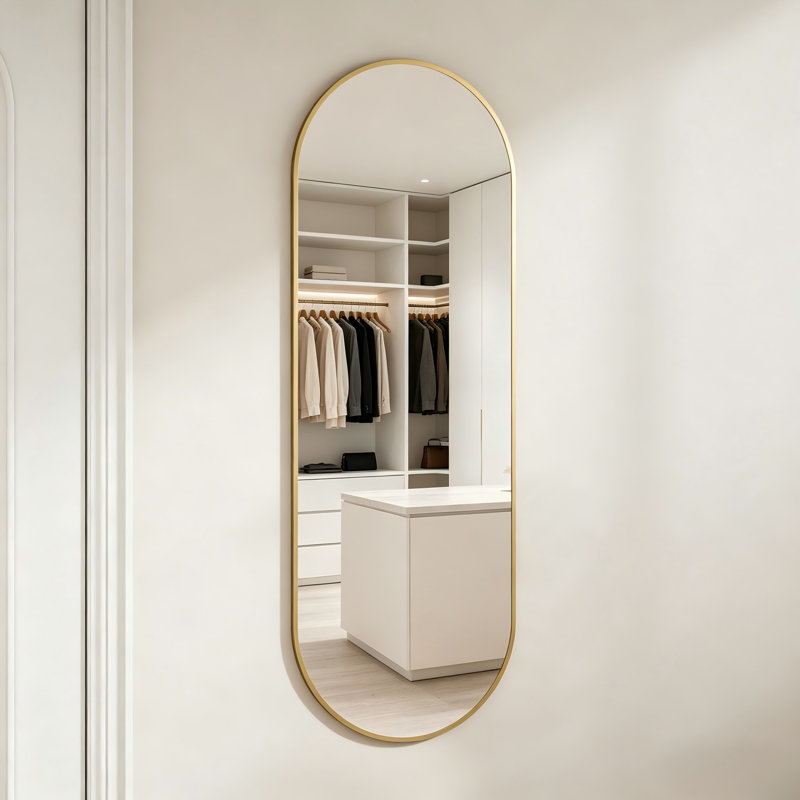 Gold Oval Wall-Mounted Full-Length Mirror, 48" X 16", Comes With A Leather Hanging Strap, Simple And Beautiful Installation.