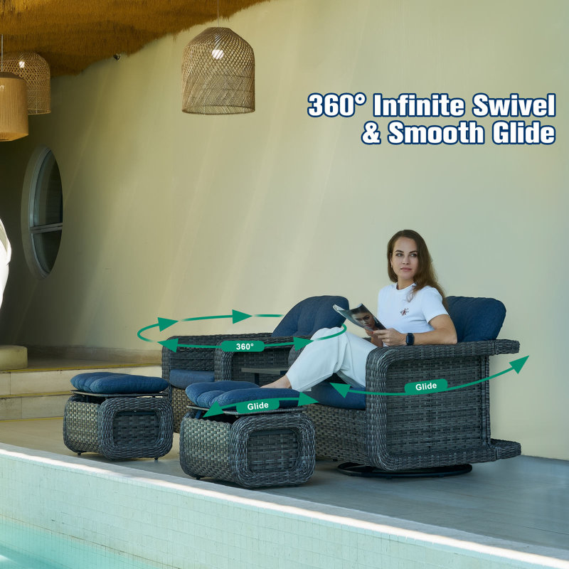 Patio Glider Swivel Rocker Set: 3Piece Patio Furniture Sets, 360° Swivel Rocking Chairs With Ottoman, Rust-Resistant Cushion -Perfect For Backyard/Deck/Porch/Balcony Decors- Gray Wicker, Blue Cushion(1Chair+1Ottoman+1Table)