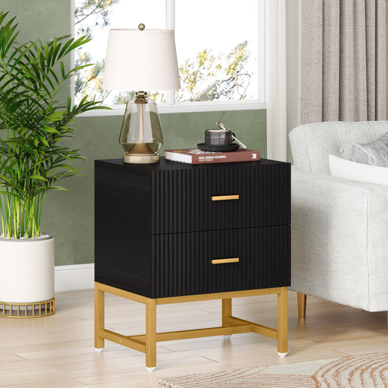 Table de chevet en fer avec 2 tiroirs, Noir, 2