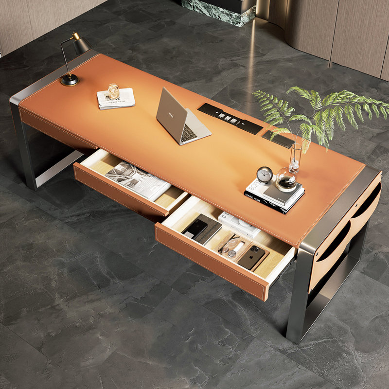 Bureau brun et argenté en bois massif rectangulaire avec 3 tiroirs, H 29,53 po x l 70,87 po x P 31,5 po