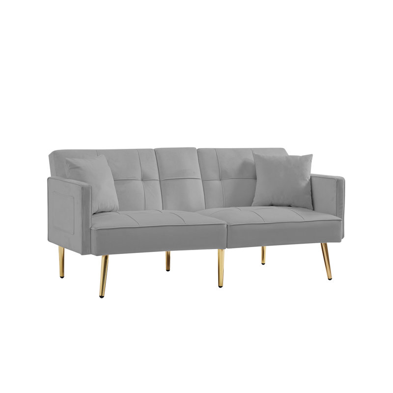 Pink Velvet Futon Sofa Bed With Gold Metal Legs, Gray