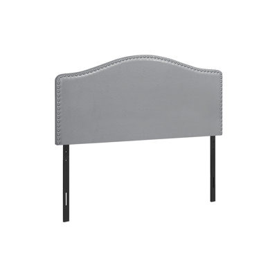 Full Size Upholstered Headboard in Grey Faux Leather with Arched Top and Nailhead Trim